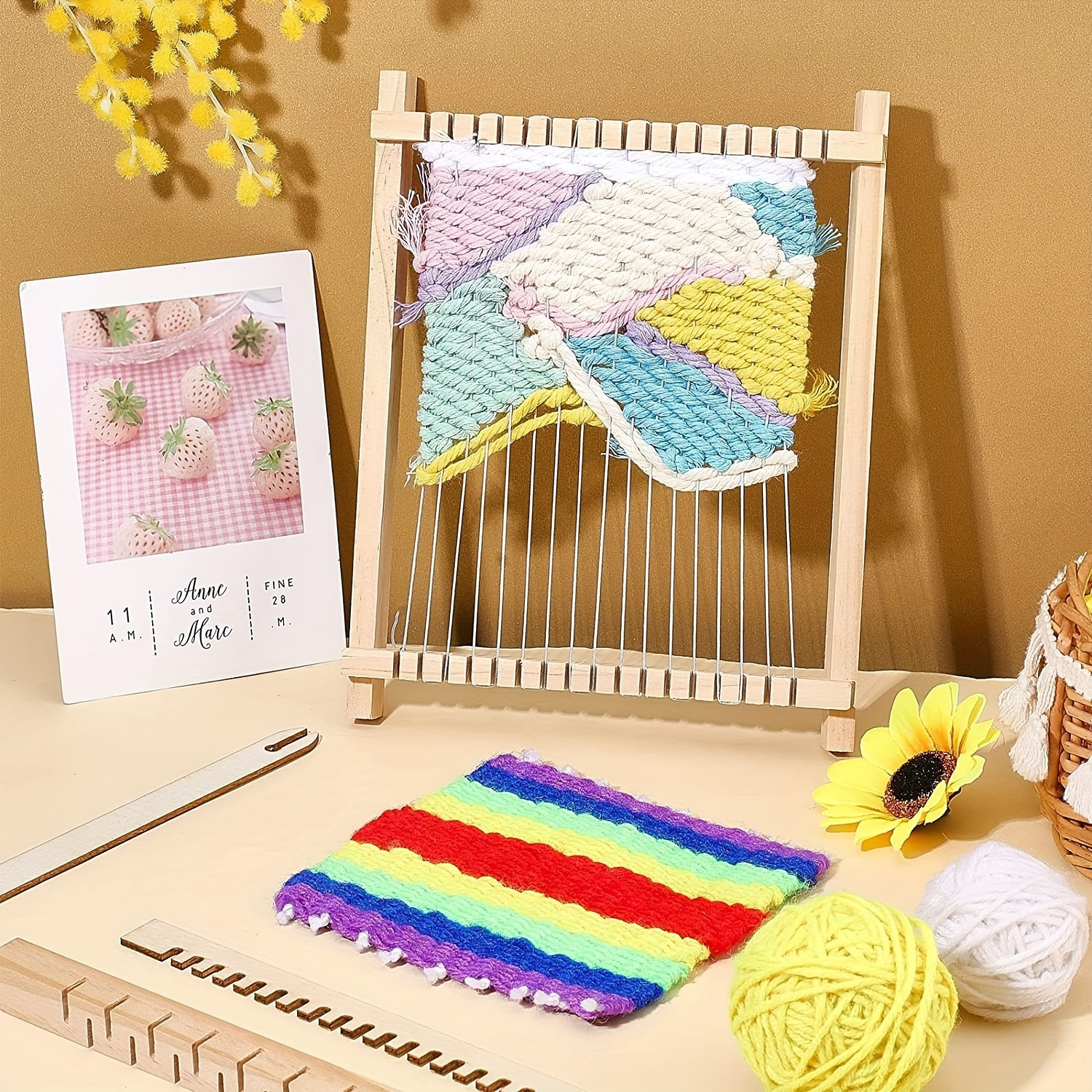 1 Set DIY Wooden Weaving Machine Kit - Manual, No Power Needed, Includes Colorful Yarn Balls & Tools, Perfect for Crafting Stylish Tapestries | Art Projects Essential - Image 3