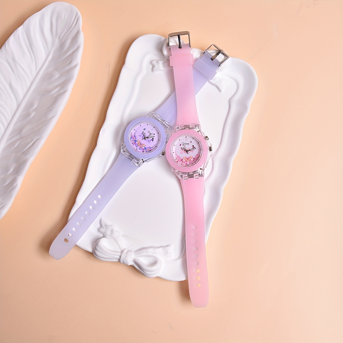 2pcs Set Double Movement LED Luminous Watch New Butterfly Pattern Quartz Wristwatch for Girls in 2024 - Image 2
