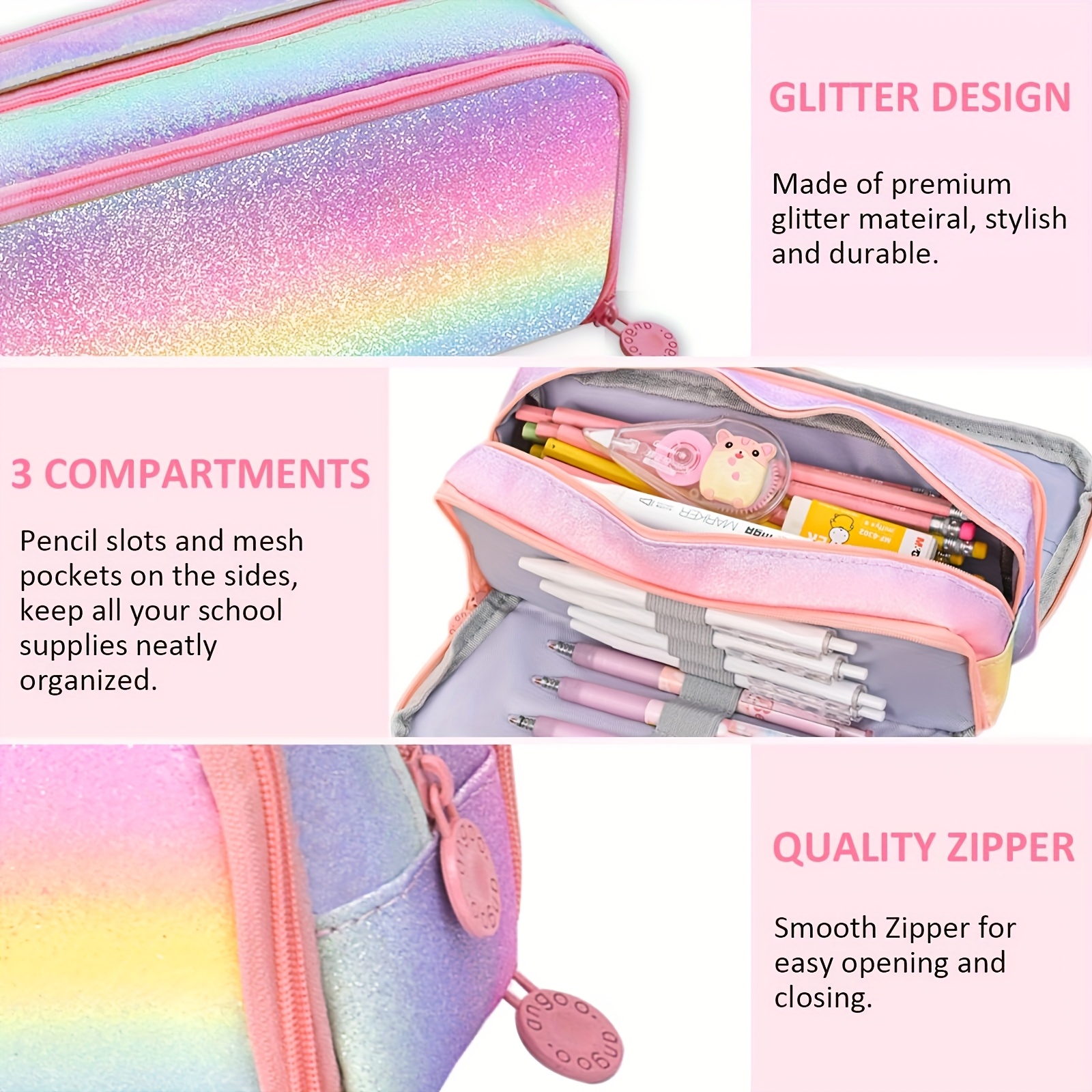 Sparkling Rainbow Zipper Pencil Case, Large Capacity 3-Compartment, Built-in Pen Holder, Durable Canvas - Ideal for School and Office Storage, Pencil Pouc - Image 2