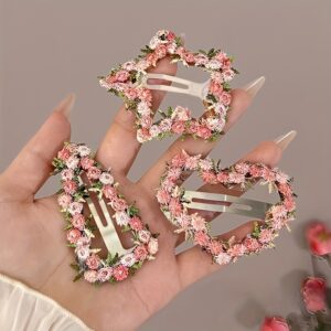 3pcs Pink Floral Embroidered Hair Clips - Cute Iron Hair Accessories For, All-Season Casual & Daily Wear, Non-Electric, Knitted Fabric Design, Hair Accessories