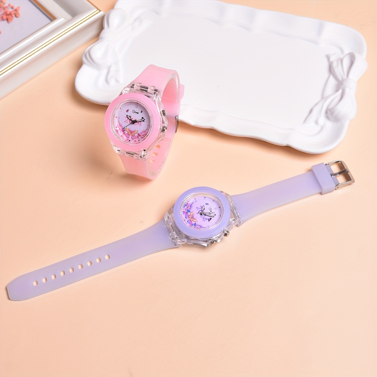 2pcs Set Double Movement LED Luminous Watch New Butterfly Pattern Quartz Wristwatch for Girls in 2024 - Image 3