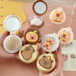 Cute Capybara Air Cushion Comb - Portable Folding Pneumatic Hairbrush with Mirror, Nylon Bristles for Gentle Detangling, Compact Travel Comb for Normal Hair, Adorable Animal Design, Playful Aesthetic, Mirror Integrated