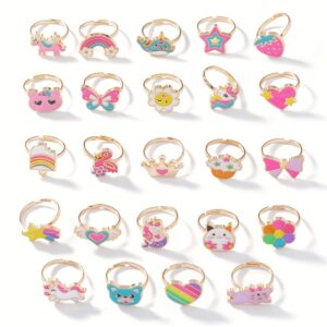 24pcs Set of Zinc Alloy Youngsters' Rings, Cute Macaron Candy-Colored Rose Golden Youngsters's Rings with Heart-Shaped Box, Party Birthday Gift Multi-Pack