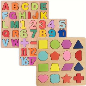 Baby Education Toddler Puzzles, 3 Sets Wooden ABC Alphabet/Number/Shape Puzzles, Toddler Learning Toys for Boys and Girls