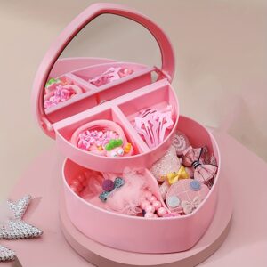 Charming Pink Heart-Shaped Double-Decked Mirror Storage Box for Jewelry & Accessories - Multifunctional Desktop Organizer with Fabric-Lined Compartments, Classic Design, No Power Needed, Jewelry Boxes