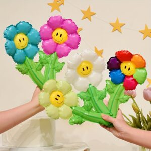 36 handheld daisy balloons, joyful face flower shaped self sealing aluminum film balloons, in various colors, suitable for children's birthday decoration, holiday party gifts, outdoor decoration, etc