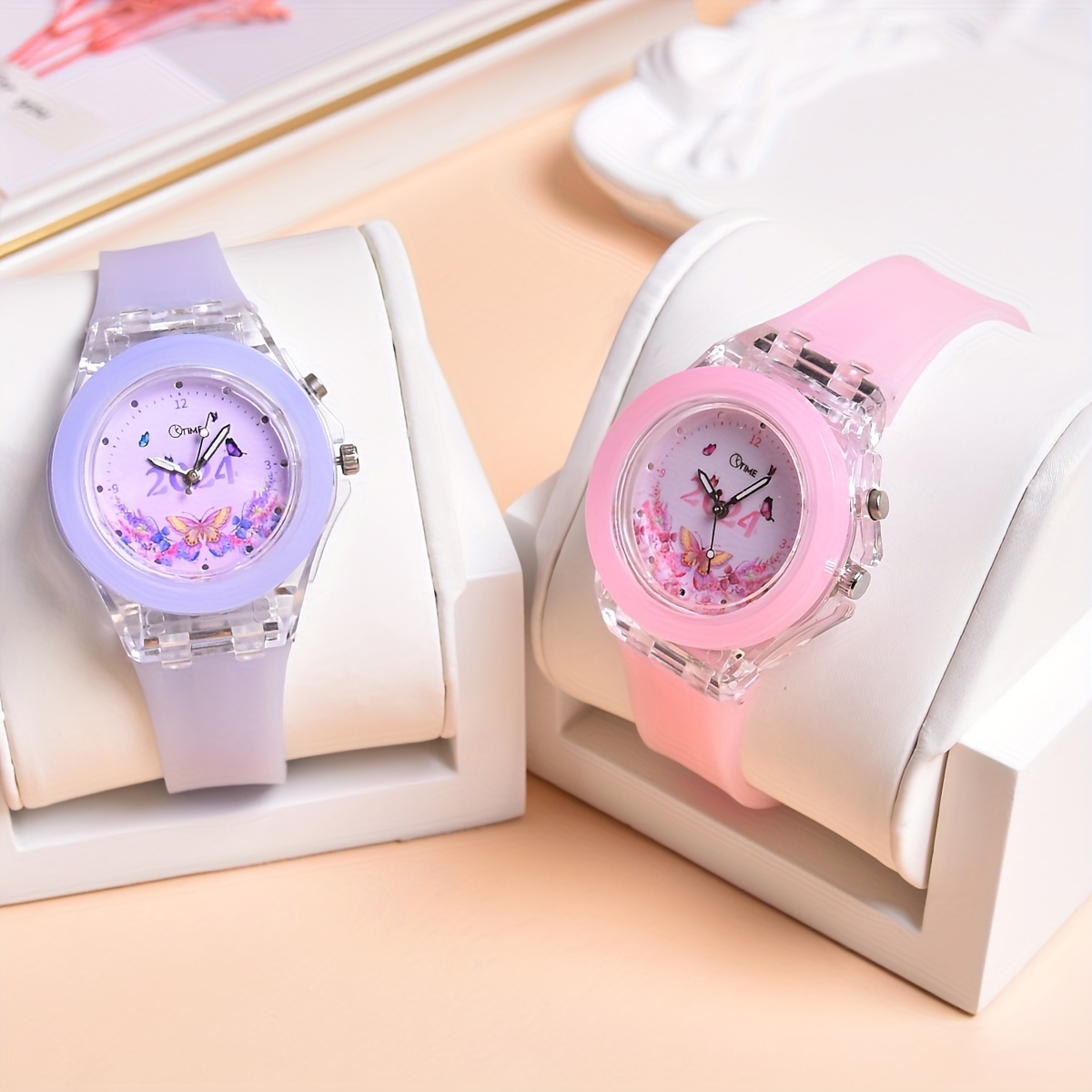 2pcs Set Double Movement LED Luminous Watch New Butterfly Pattern Quartz Wristwatch for Girls in 2024 - Image 5