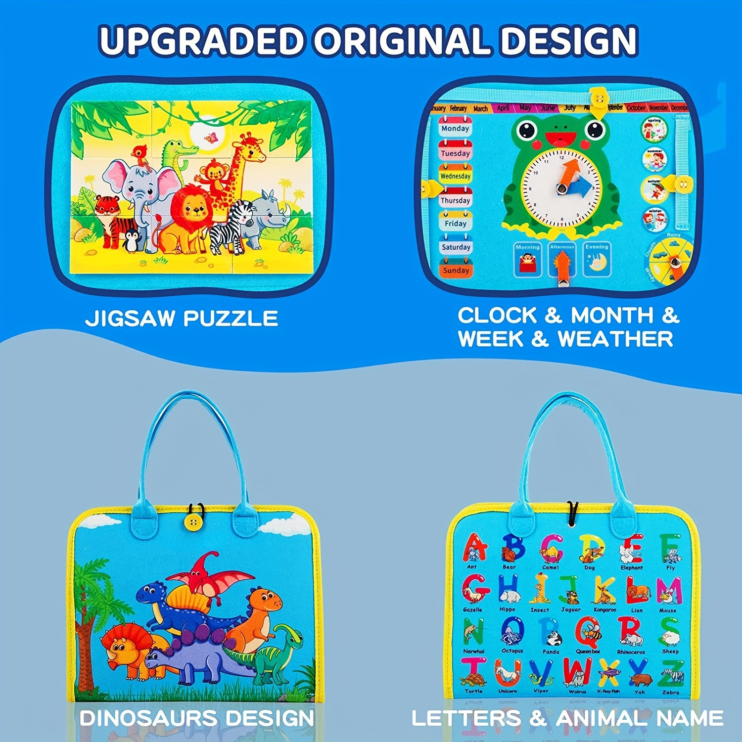 Sky Blue Dinosaur Early Learning Busy Board - 3-Layer Educational Toy for Youngsters, Includes Life Skills, Letters, Numbers, Shapes, Colors, Animals & Weather - Perfect Travel Companion & Gift for Easter, Christmas, Birthdays - Image 5