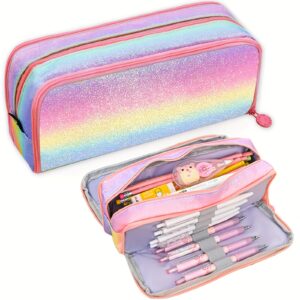 Sparkling Rainbow Zipper Pencil Case, Large Capacity 3-Compartment, Built-in Pen Holder, Durable Canvas - Ideal for School and Office Storage, Pencil Pouc