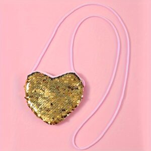 Sparkling Pink Heart Sequin Crossbody Bag for Girls - Lightweight, High Quality & with Zipper Closure - Glittery Golden Stars Design, Adjustable White Strap - Perfect Birthday or Christmas Gift for Youngsters, Girls Purse