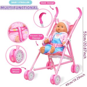 Doll stroller, metal foldable umbrella style baby stroller, suitable for parent-child interaction to enhance intimacy, perfect holiday gift, random color (excluding dolls)