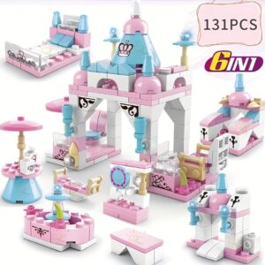 Six-in-one Building Toys For Girls, 131pcs Princess Castle STEM Building Toy Set, Educational Toys Building Blocks Set Birthday Christmas Gift