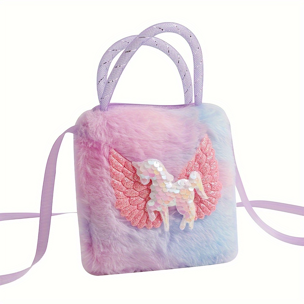 Cute Sequins Unicorn Plush Handbag, Cartoon Faux Fur Coin Purse, Rainbow Fluffy Handbag for Women - Image 6