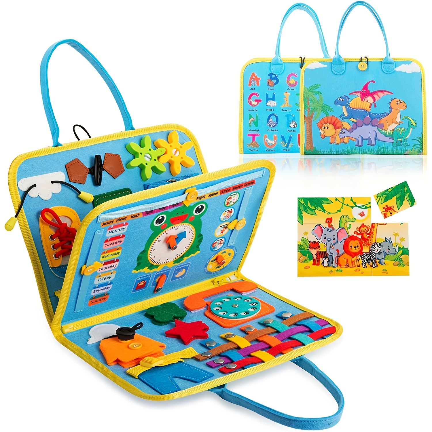 Sky Blue Dinosaur Early Learning Busy Board - 3-Layer Educational Toy for Youngsters, Includes Life Skills, Letters, Numbers, Shapes, Colors, Animals & Weather - Perfect Travel Companion & Gift for Easter, Christmas, Birthdays - Image 6