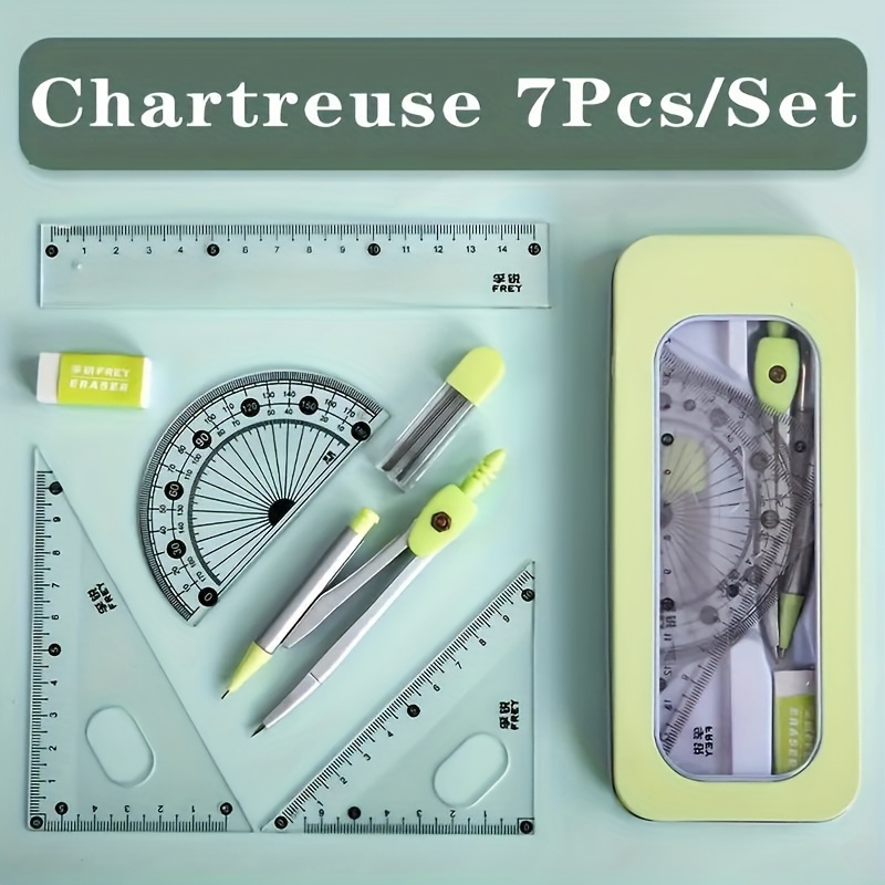 1Set Durable 7-In-1 Measurement And Drawing Tool Set - Very Suitable for Students And Professionals, Ensuring Precision And Portability, Including Compasses, Protractors, Rulers And Erasers