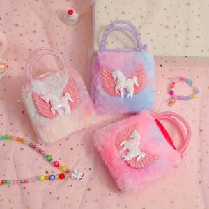Cute Sequins Unicorn Plush Handbag, Cartoon Faux Fur Coin Purse, Rainbow Fluffy Handbag for Women