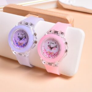 2pcs Set Double Movement LED Luminous Watch New Butterfly Pattern Quartz Wristwatch for Girls in 2024