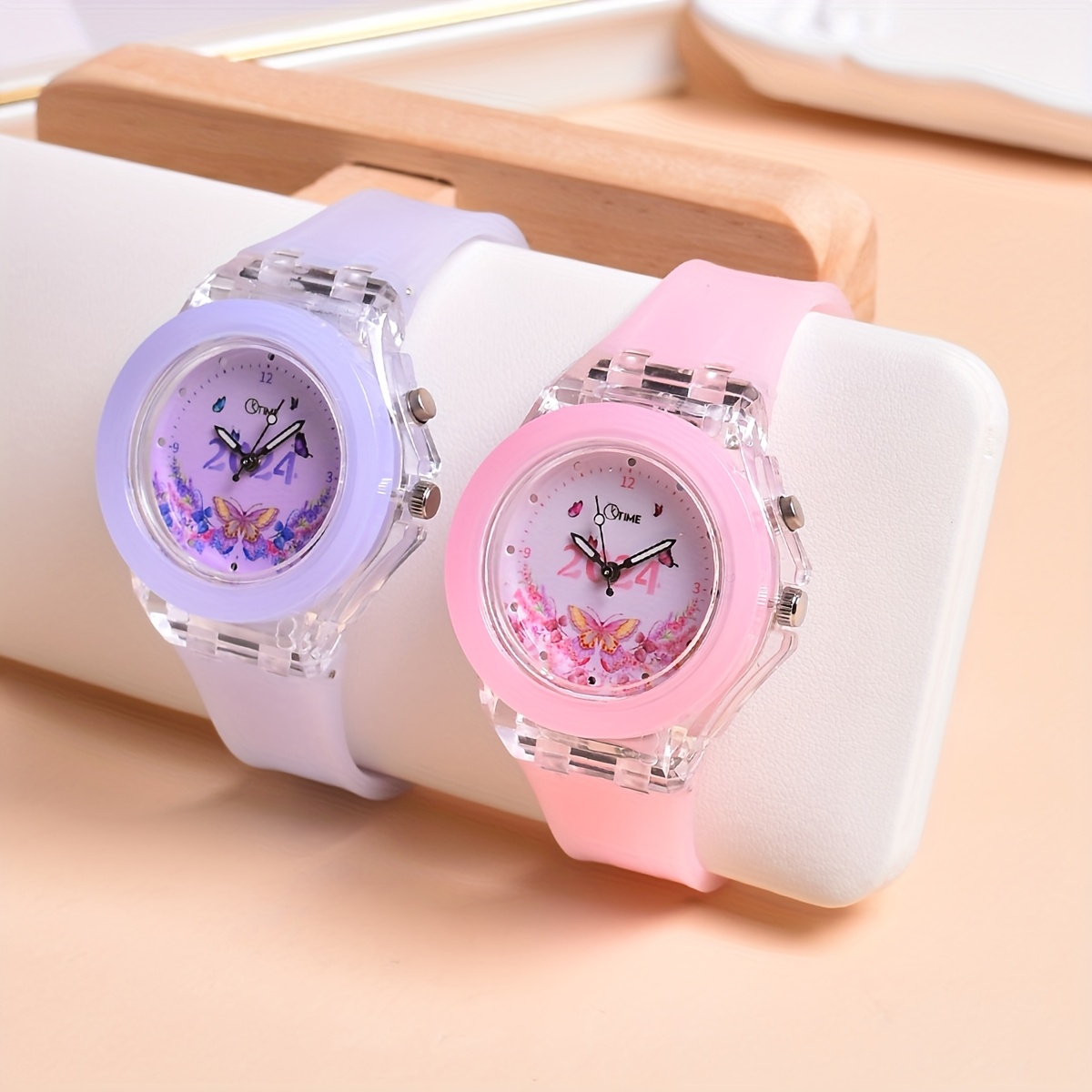 2pcs Set Double Movement LED Luminous Watch New Butterfly Pattern Quartz Wristwatch for Girls in 2024