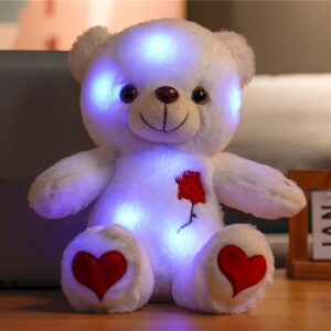 AKKUN LED Light-Up Teddy Bear with Rose & Heart - Soft Plush Stuffed Animal with Glowing Lights, White/Red Romantic Gift for Valentine’s Day, Anniversary, or Birthday for Youngsters, Anniversary Surprise | Heartshaped Design | Soft Cuddly Texture, Stuffed Plushies