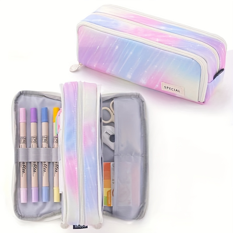 Sparkling Rainbow Zipper Pencil Case, Large Capacity 3-Compartment, Built-in Pen Holder, Durable Canvas - Ideal for School and Office Storage, Pencil Pouc - Image 10
