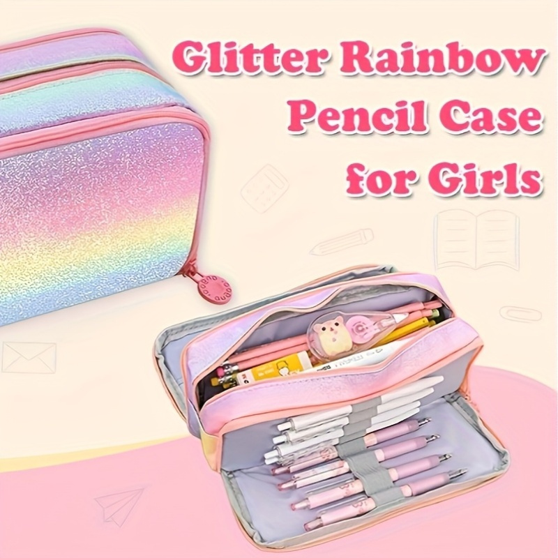 Sparkling Rainbow Zipper Pencil Case, Large Capacity 3-Compartment, Built-in Pen Holder, Durable Canvas - Ideal for School and Office Storage, Pencil Pouc - Image 6