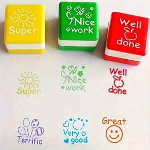6 Pcs Teacher Stamp Set, Encouragement Rectangle Shaped Stamps for Grading Classroom, Educational Stamps with Positive Messages, ABS Material - English Praise Comment Stamps for Students