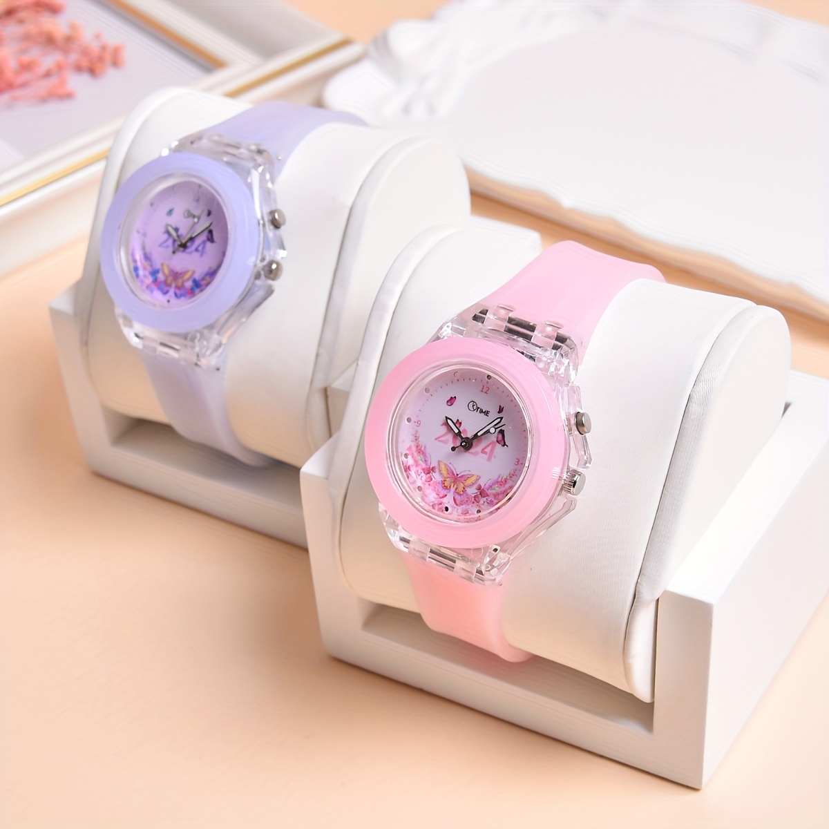 2pcs Set Double Movement LED Luminous Watch New Butterfly Pattern Quartz Wristwatch for Girls in 2024 - Image 4