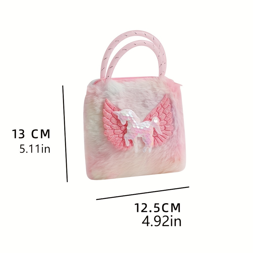 Cute Sequins Unicorn Plush Handbag, Cartoon Faux Fur Coin Purse, Rainbow Fluffy Handbag for Women - Image 9