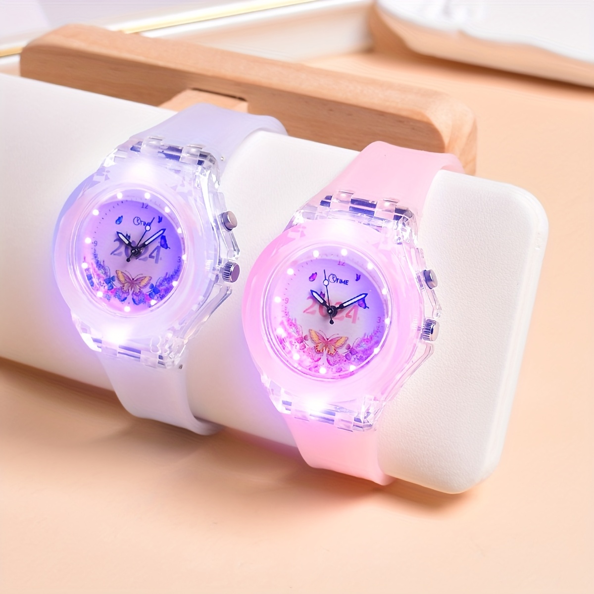 2pcs Set Double Movement LED Luminous Watch New Butterfly Pattern Quartz Wristwatch for Girls in 2024 - Image 8