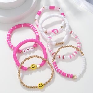 7pcs Boho Joyful Face & Star Clay Bead Bracelets for Girls