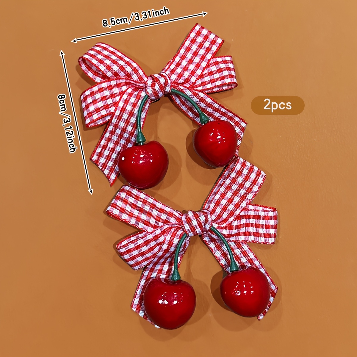 2pcs Korean Cherry Bow Hair Clips – Red Gingham & Green Leaf Design - Image 2