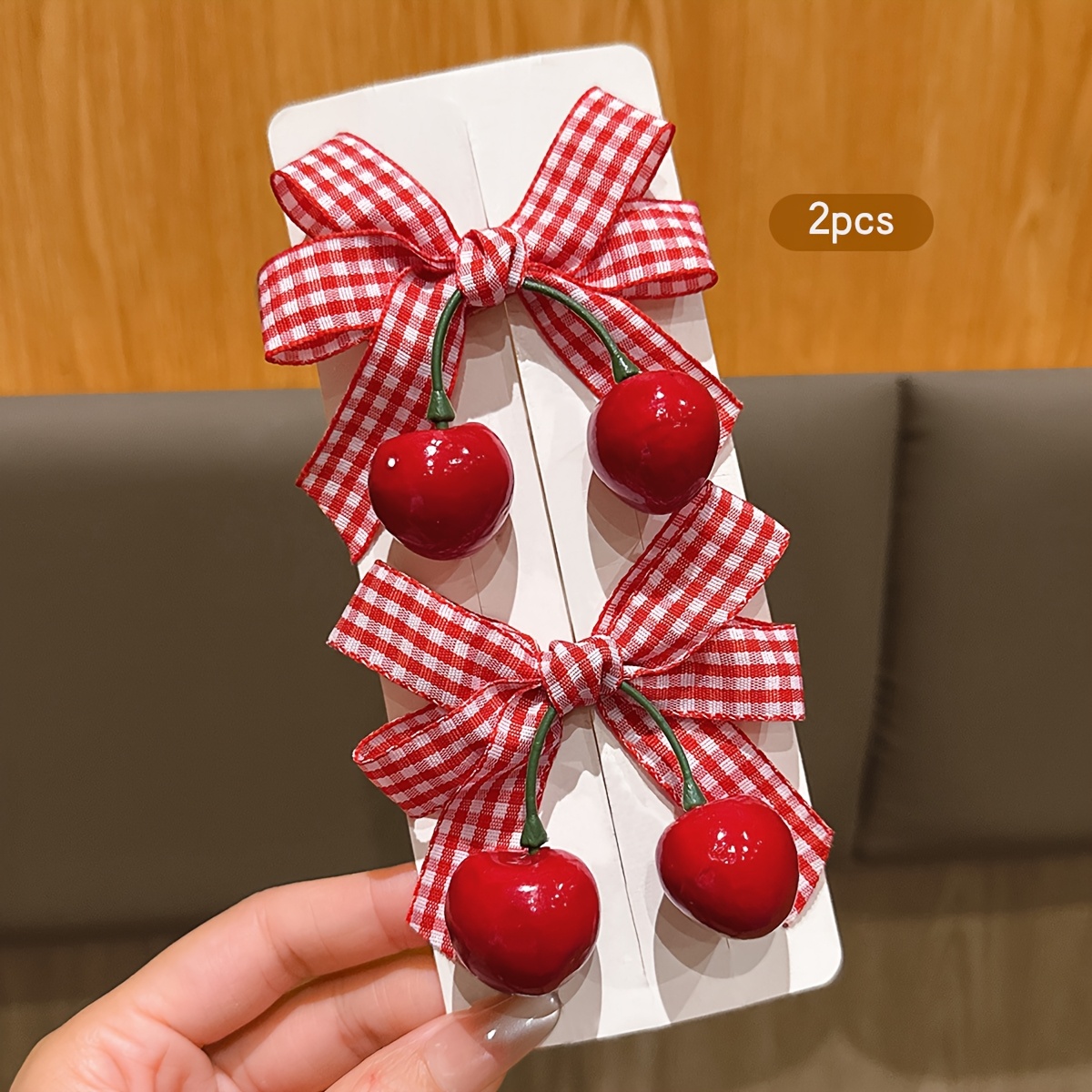 2pcs Korean Cherry Bow Hair Clips – Red Gingham & Green Leaf Design - Image 3