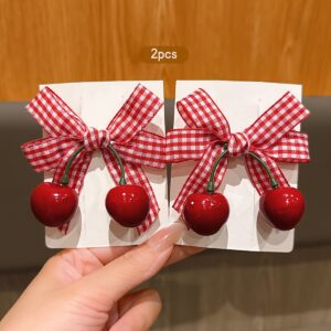 2pcs Korean Cherry Bow Hair Clips – Red Gingham & Green Leaf Design