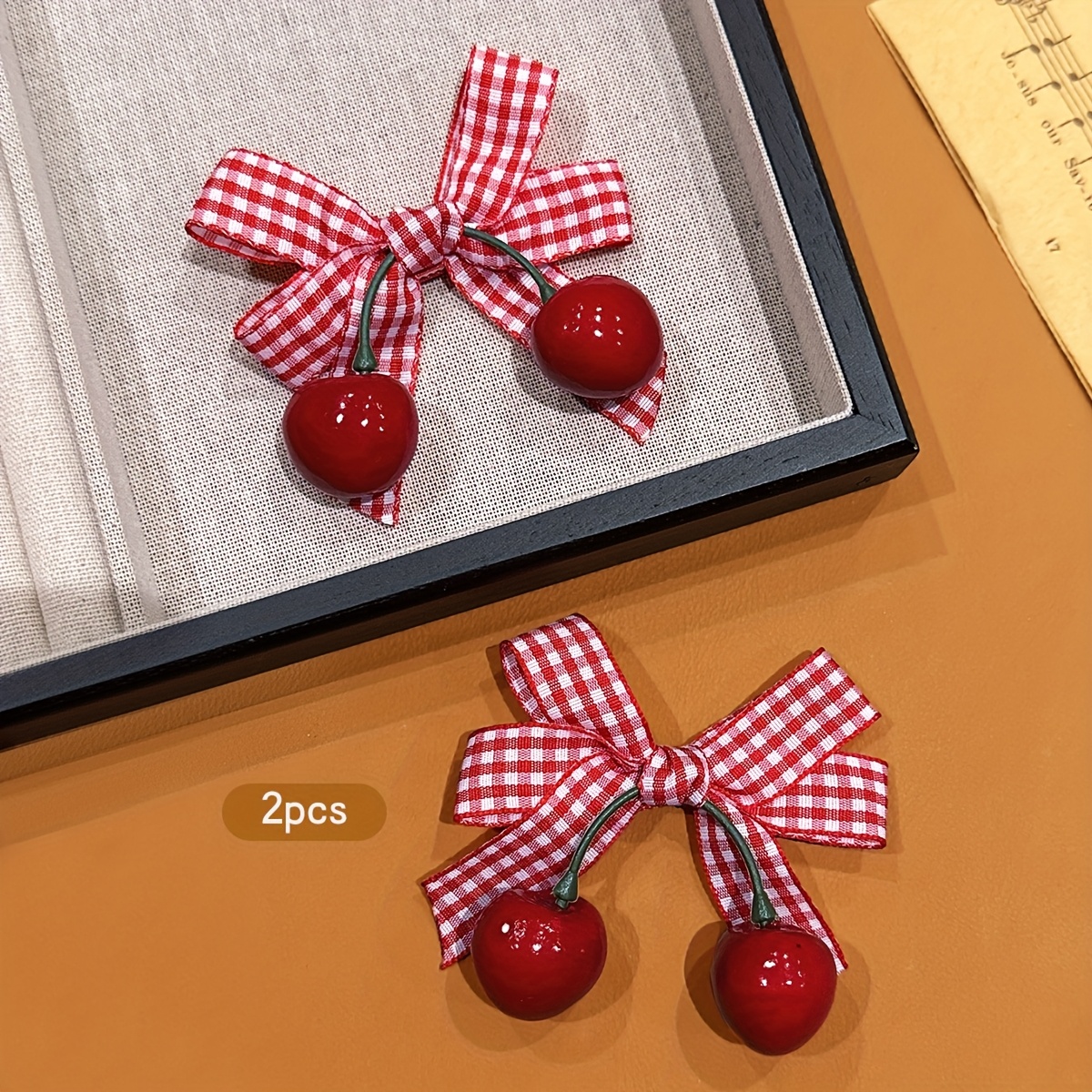 2pcs Korean Cherry Bow Hair Clips – Red Gingham & Green Leaf Design - Image 6