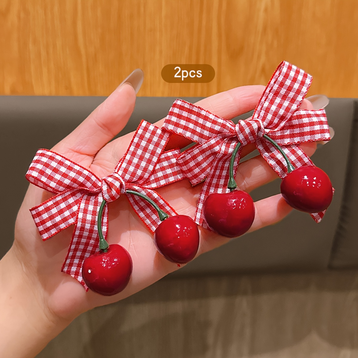 2pcs Korean Cherry Bow Hair Clips – Red Gingham & Green Leaf Design - Image 8